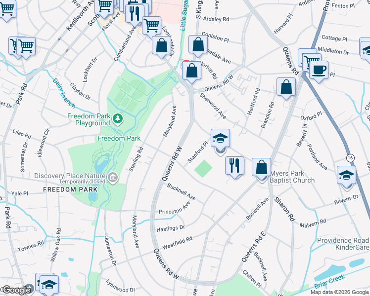 map of restaurants, bars, coffee shops, grocery stores, and more near 1534 Queens Road West in Charlotte
