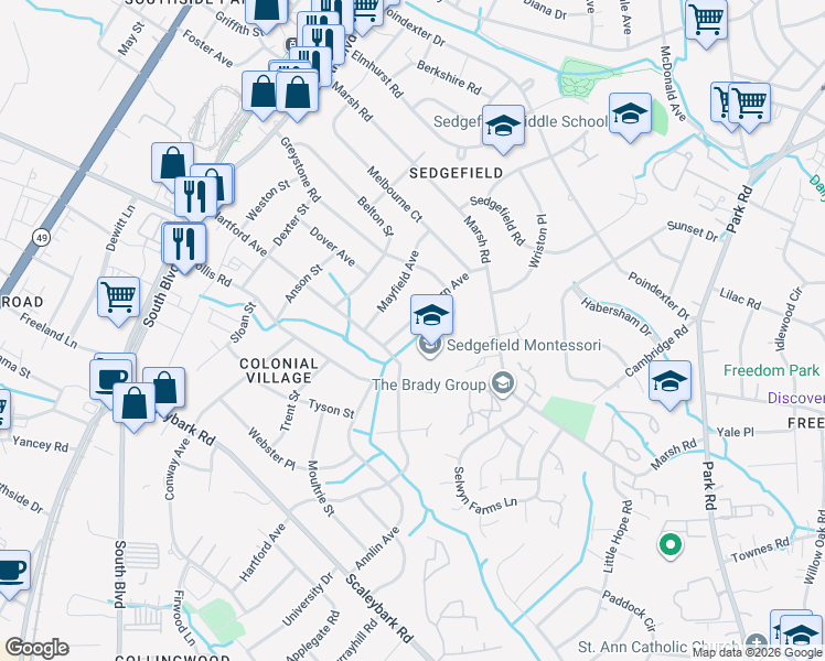 map of restaurants, bars, coffee shops, grocery stores, and more near 3301 Mayfield Avenue in Charlotte