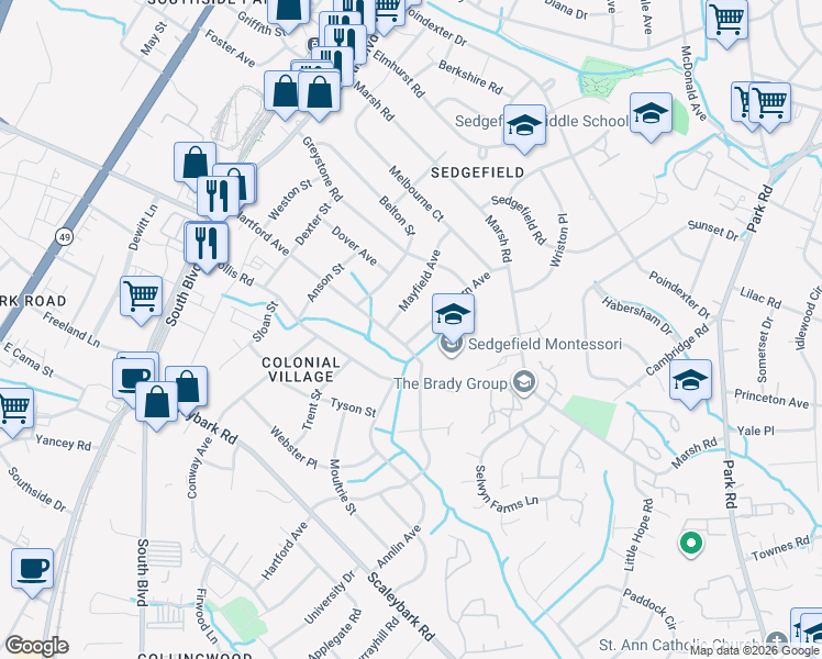 map of restaurants, bars, coffee shops, grocery stores, and more near 3301 Mayfield Avenue in Charlotte