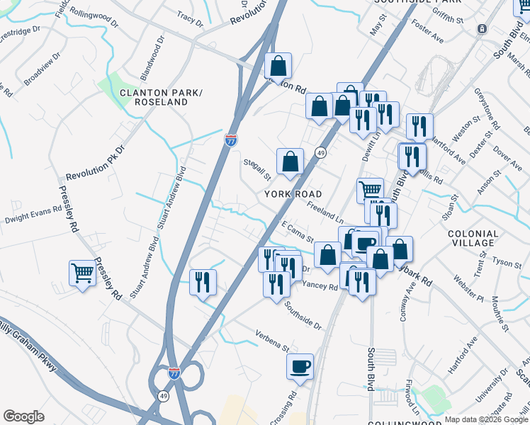map of restaurants, bars, coffee shops, grocery stores, and more near 4014 South Tryon Street in Charlotte