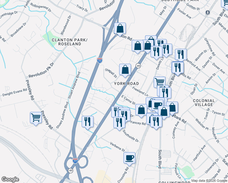 map of restaurants, bars, coffee shops, grocery stores, and more near 4014 South Tryon Street in Charlotte