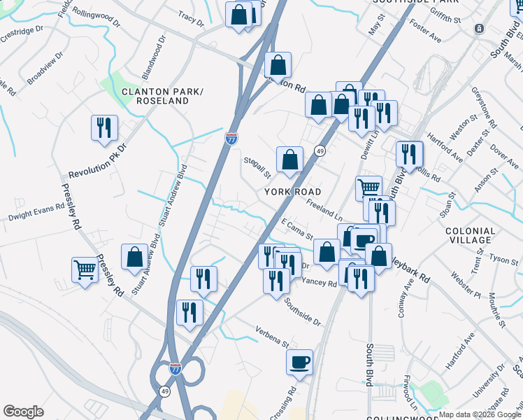map of restaurants, bars, coffee shops, grocery stores, and more near in Charlotte
