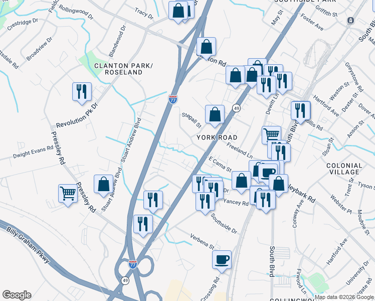 map of restaurants, bars, coffee shops, grocery stores, and more near in Charlotte