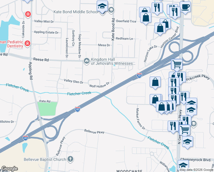 map of restaurants, bars, coffee shops, grocery stores, and more near 7816 Wolf Hollow Drive in Memphis