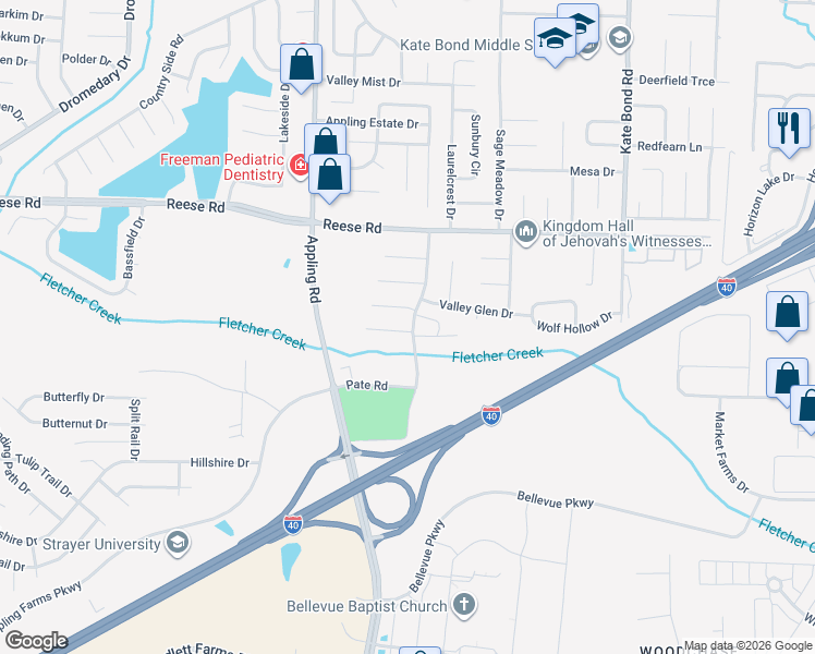 map of restaurants, bars, coffee shops, grocery stores, and more near 2421 Pate Road in Memphis