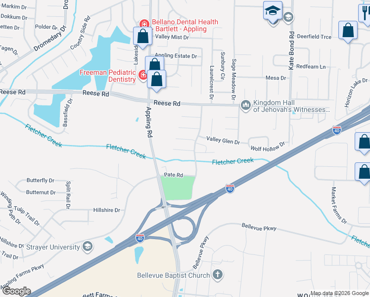 map of restaurants, bars, coffee shops, grocery stores, and more near 7515 Val Marie Lane in Memphis