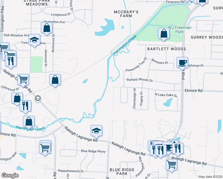 map of restaurants, bars, coffee shops, grocery stores, and more near 5518 Elmore Road in Bartlett