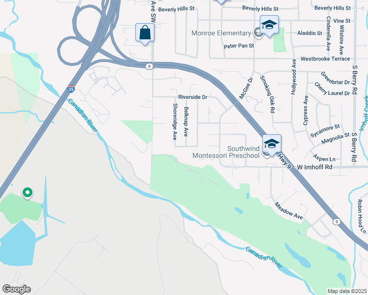 map of restaurants, bars, coffee shops, grocery stores, and more near 2803 Shoreridge Avenue in Norman