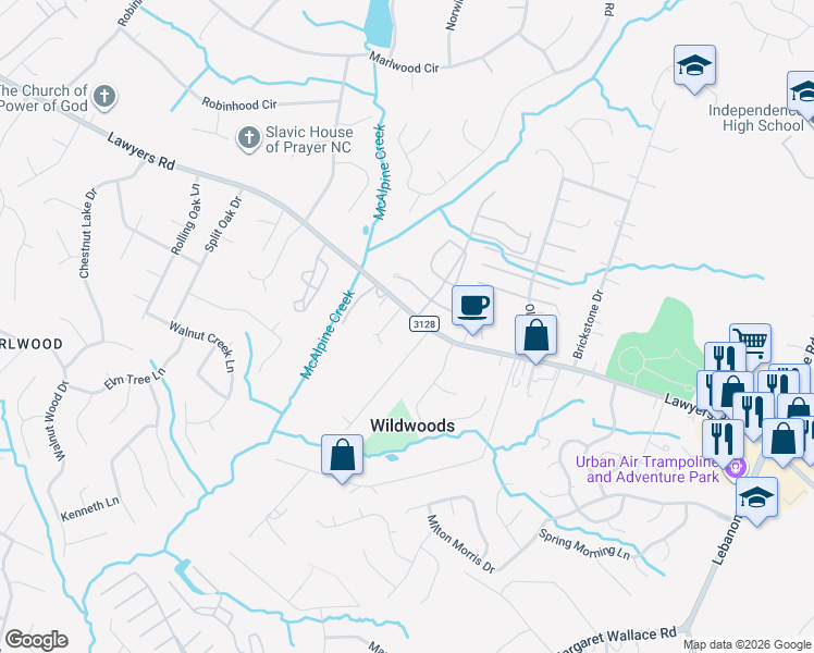 map of restaurants, bars, coffee shops, grocery stores, and more near 8326 Rust Wood Place in Charlotte