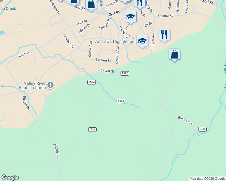 map of restaurants, bars, coffee shops, grocery stores, and more near 499 Colvard Avenue in Andrews
