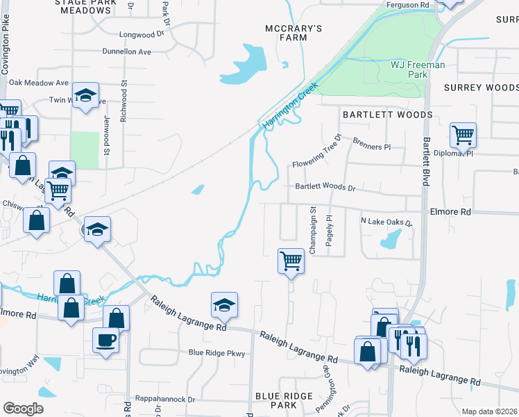 map of restaurants, bars, coffee shops, grocery stores, and more near 5518 Elmore Road in Bartlett