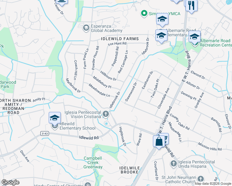 map of restaurants, bars, coffee shops, grocery stores, and more near 7527 Middlebury Place in Charlotte