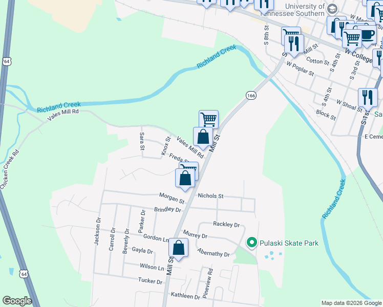 map of restaurants, bars, coffee shops, grocery stores, and more near 1010 Vales Mill Road in Pulaski