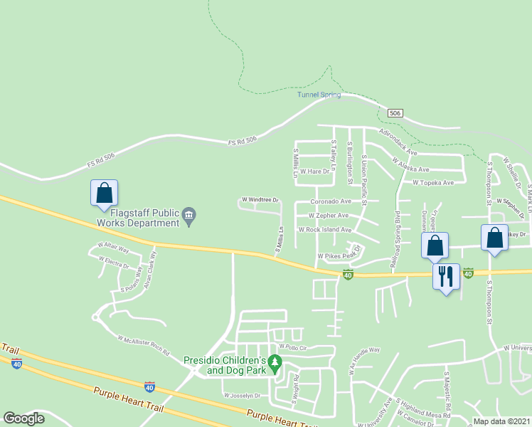 map of restaurants, bars, coffee shops, grocery stores, and more near 55 West Windtree Drive in Flagstaff