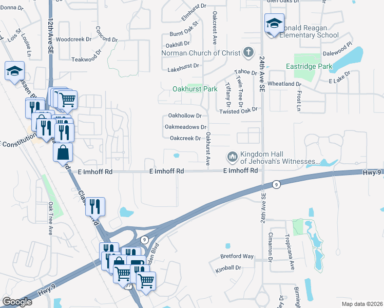 map of restaurants, bars, coffee shops, grocery stores, and more near 2006 Oakcreek Drive in Norman