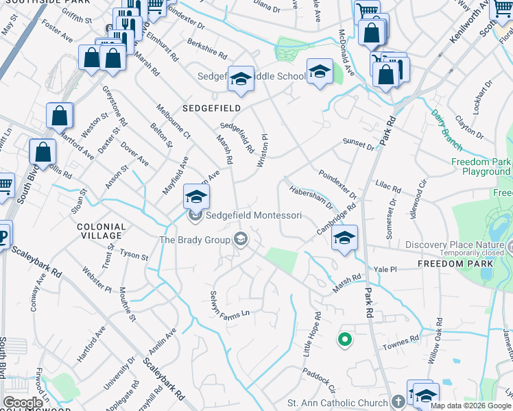 map of restaurants, bars, coffee shops, grocery stores, and more near 3108 Stone Orchard Place in Charlotte
