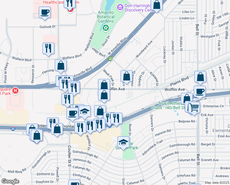 map of restaurants, bars, coffee shops, grocery stores, and more near 6801 Wolflin Avenue in Amarillo