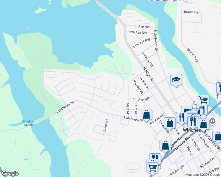 map of restaurants, bars, coffee shops, grocery stores, and more near 925 North Vine Street in Winchester