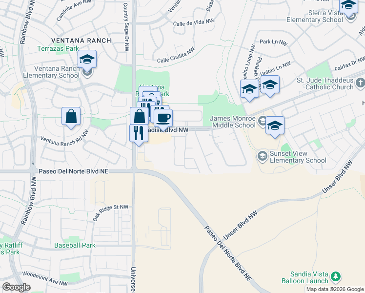 map of restaurants, bars, coffee shops, grocery stores, and more near 9735 Vivaldi Trail Northwest in Albuquerque