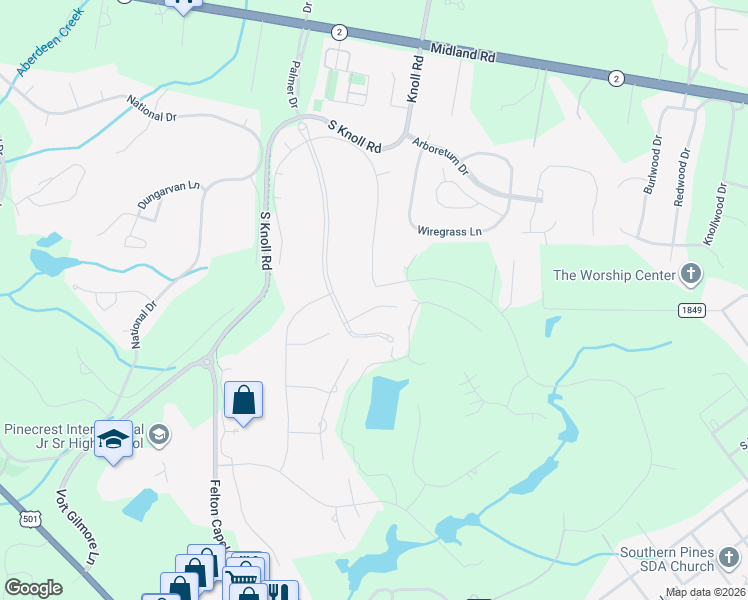 map of restaurants, bars, coffee shops, grocery stores, and more near 37 Plantation Drive in Southern Pines