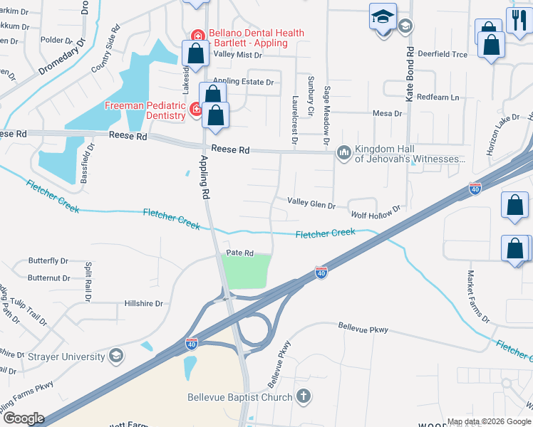 map of restaurants, bars, coffee shops, grocery stores, and more near 2421 Pate Road in Memphis