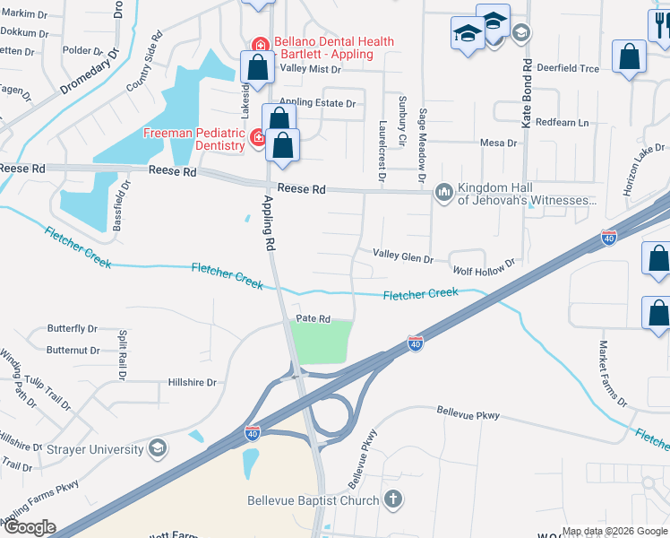 map of restaurants, bars, coffee shops, grocery stores, and more near 7515 Val Marie Lane in Memphis