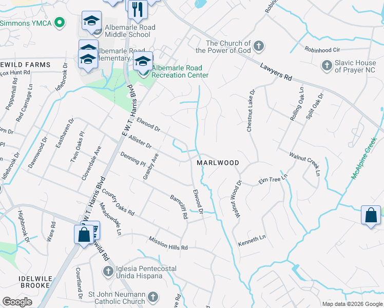 map of restaurants, bars, coffee shops, grocery stores, and more near 7459 Elwood Drive in Charlotte