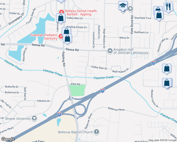 map of restaurants, bars, coffee shops, grocery stores, and more near 2421 Pate Road in Memphis