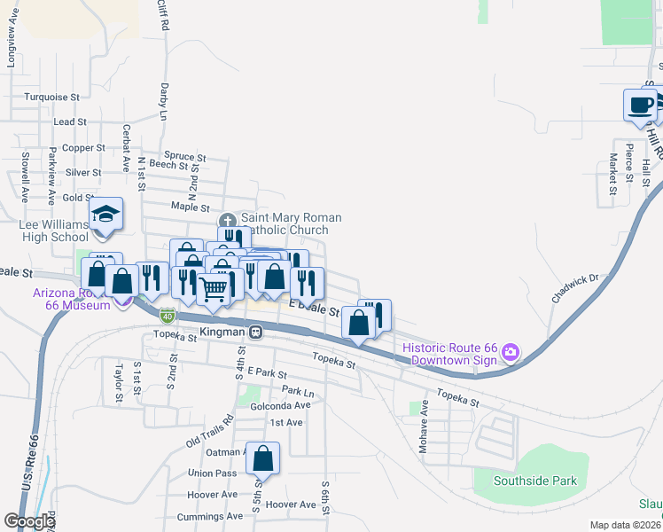 map of restaurants, bars, coffee shops, grocery stores, and more near 537 East Spring Street in Kingman