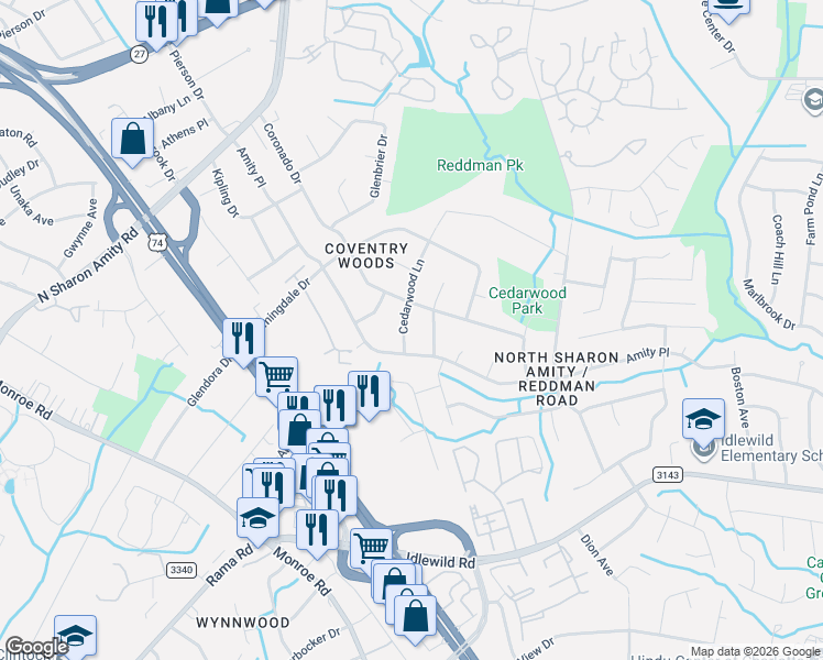 map of restaurants, bars, coffee shops, grocery stores, and more near 5116 Coronado Drive in Charlotte