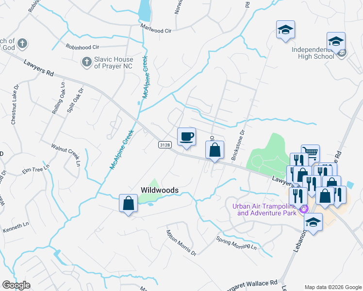 map of restaurants, bars, coffee shops, grocery stores, and more near 8413 Rust Wood Place in Charlotte