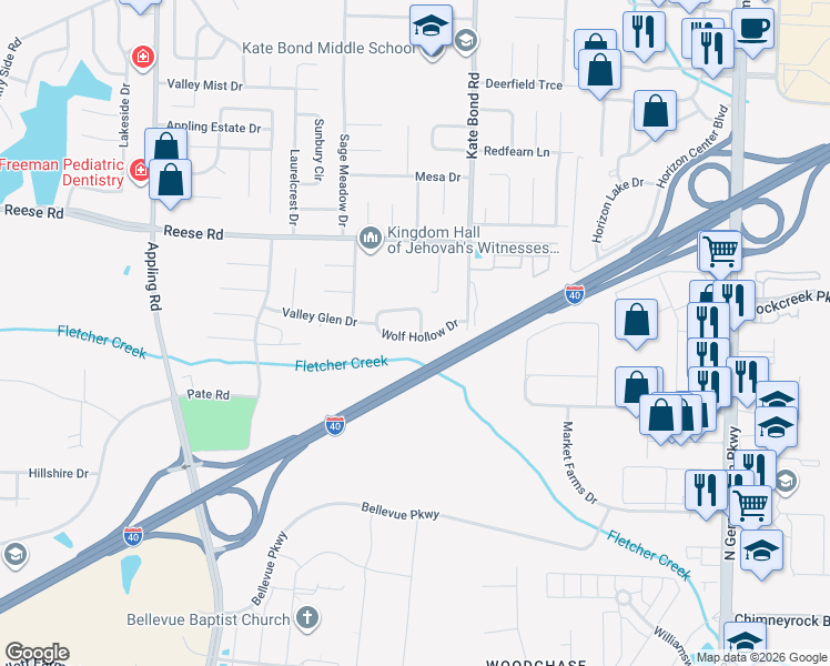 map of restaurants, bars, coffee shops, grocery stores, and more near 7743 Wolfden Circle in Memphis