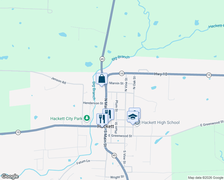 map of restaurants, bars, coffee shops, grocery stores, and more near 101 East Cedar Street in Hackett