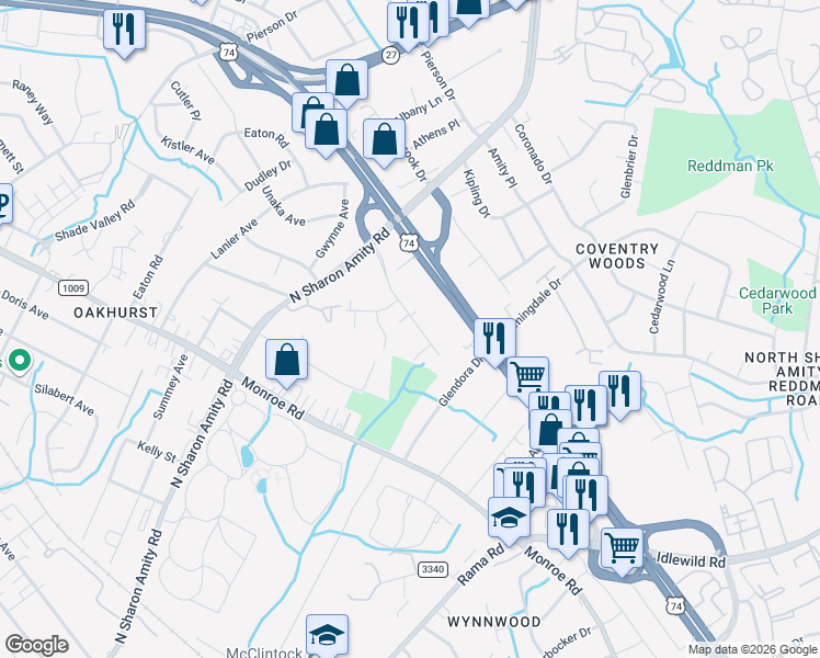 map of restaurants, bars, coffee shops, grocery stores, and more near in Charlotte