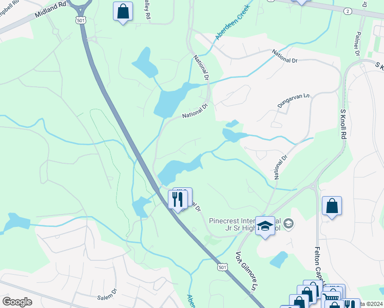 map of restaurants, bars, coffee shops, grocery stores, and more near 103 Batten Court in Pinehurst
