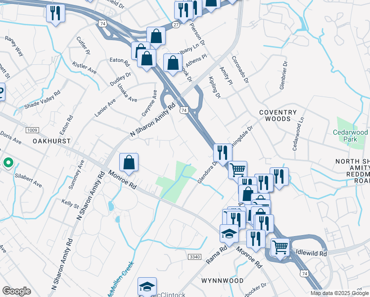 map of restaurants, bars, coffee shops, grocery stores, and more near 4800 Charleston Drive in Charlotte