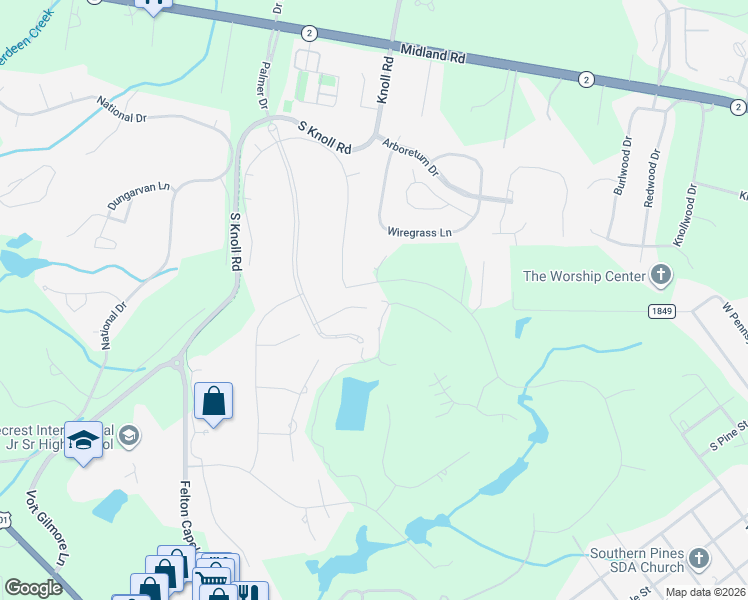 map of restaurants, bars, coffee shops, grocery stores, and more near 52 Plantation Drive in Southern Pines