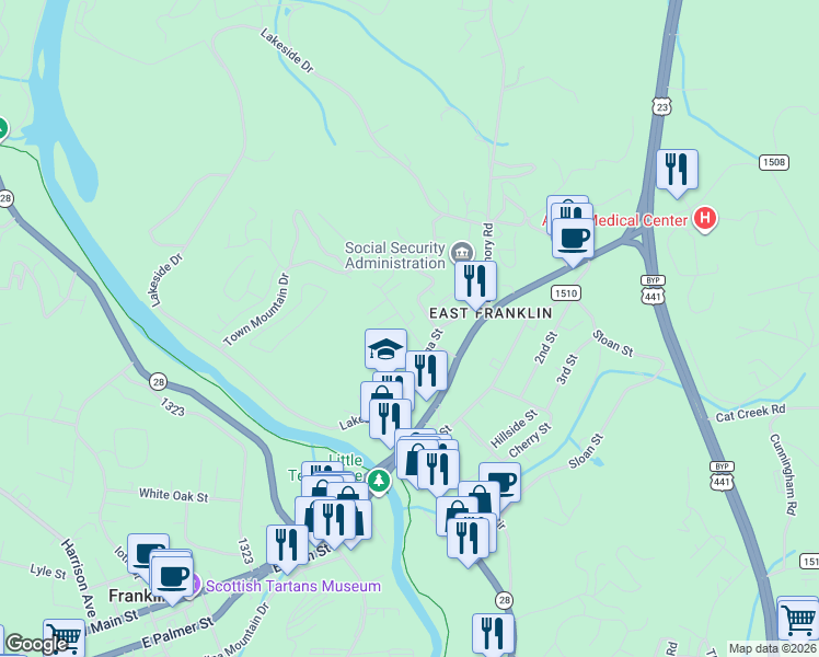 map of restaurants, bars, coffee shops, grocery stores, and more near 119 Randolph Street in Franklin