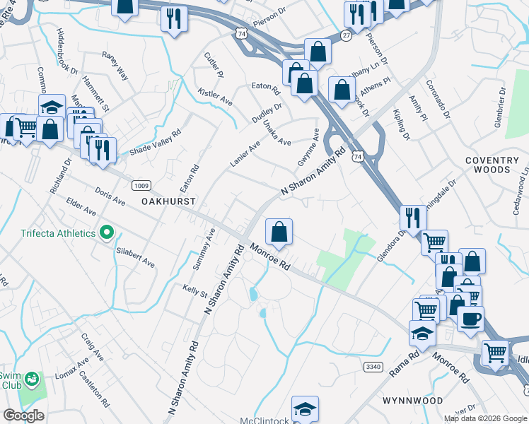 map of restaurants, bars, coffee shops, grocery stores, and more near in Charlotte