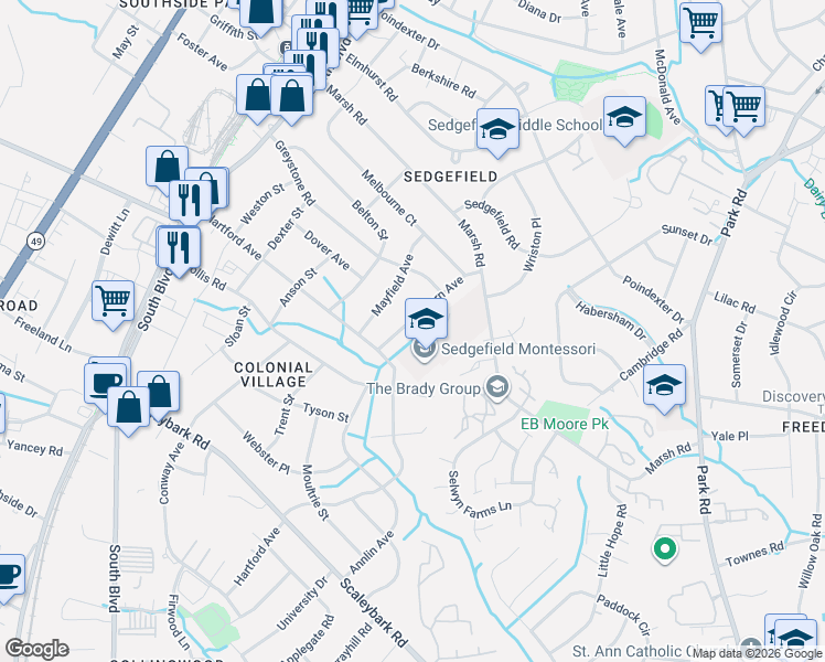 map of restaurants, bars, coffee shops, grocery stores, and more near 3221 Auburn Avenue in Charlotte