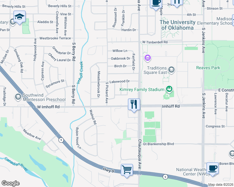 map of restaurants, bars, coffee shops, grocery stores, and more near 2713 Belmont Drive in Norman