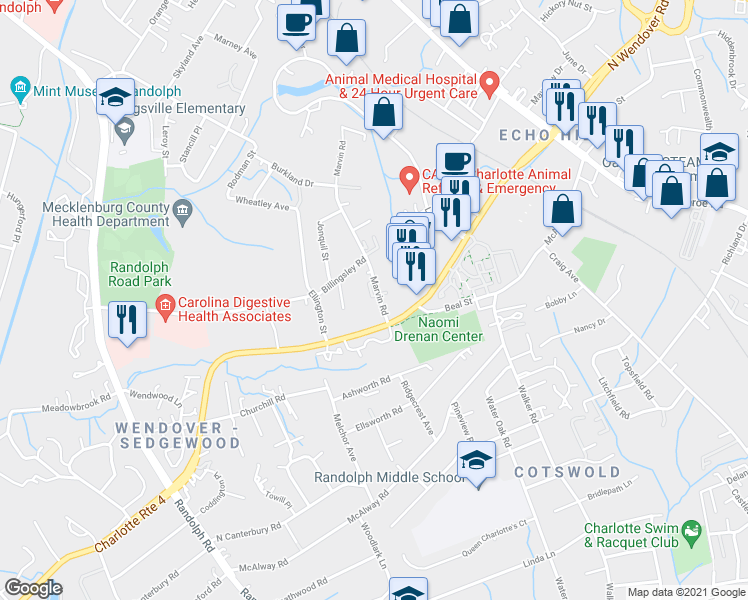 map of restaurants, bars, coffee shops, grocery stores, and more near 3800 Marvin Road in Charlotte