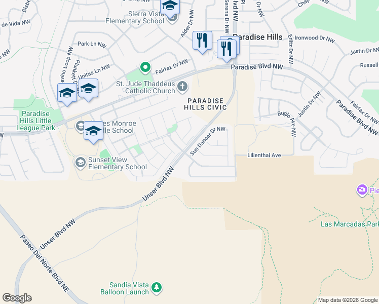 map of restaurants, bars, coffee shops, grocery stores, and more near 9539 Sun Dancer Drive Northwest in Albuquerque