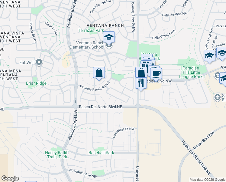 map of restaurants, bars, coffee shops, grocery stores, and more near 9600 Palomita Court Northwest in Albuquerque