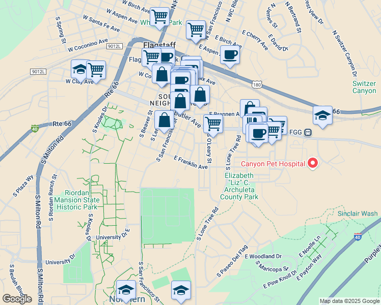 map of restaurants, bars, coffee shops, grocery stores, and more near 412 South Verde Street in Flagstaff