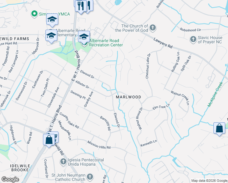 map of restaurants, bars, coffee shops, grocery stores, and more near 7445 Elwood Drive in Charlotte