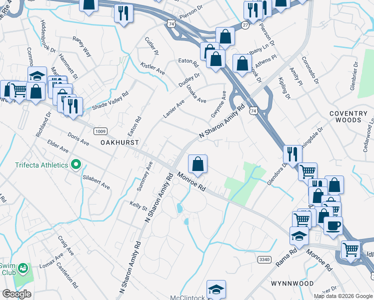 map of restaurants, bars, coffee shops, grocery stores, and more near in Charlotte