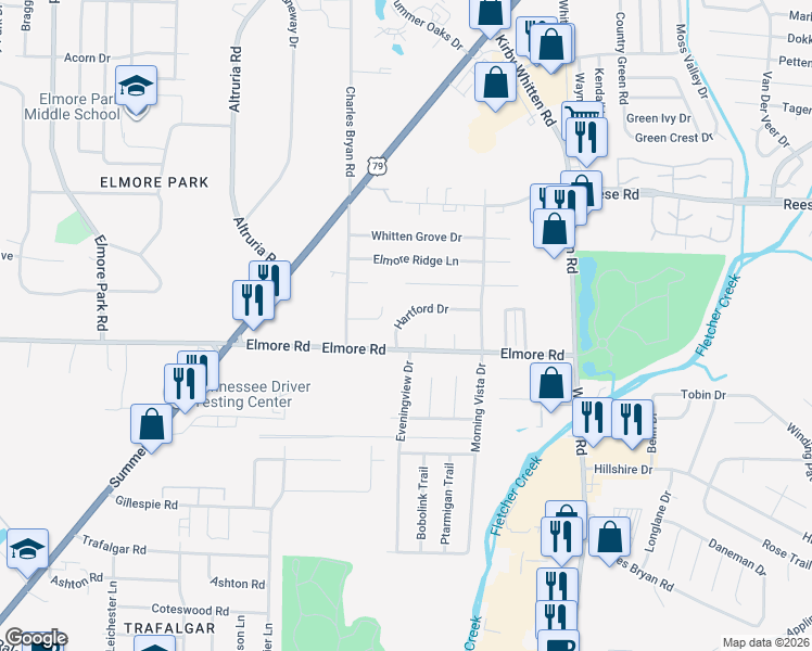 map of restaurants, bars, coffee shops, grocery stores, and more near 6630 Hartford Drive in Bartlett