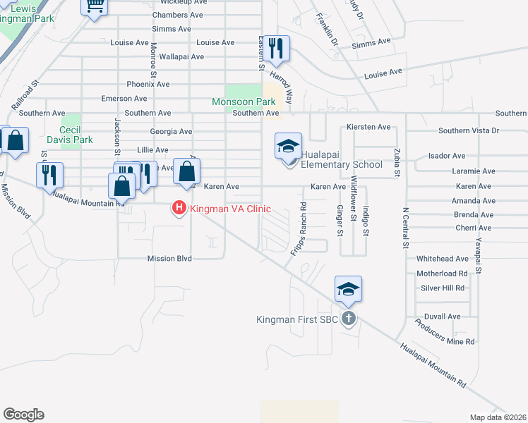map of restaurants, bars, coffee shops, grocery stores, and more near 2839 Margaret Avenue in Kingman