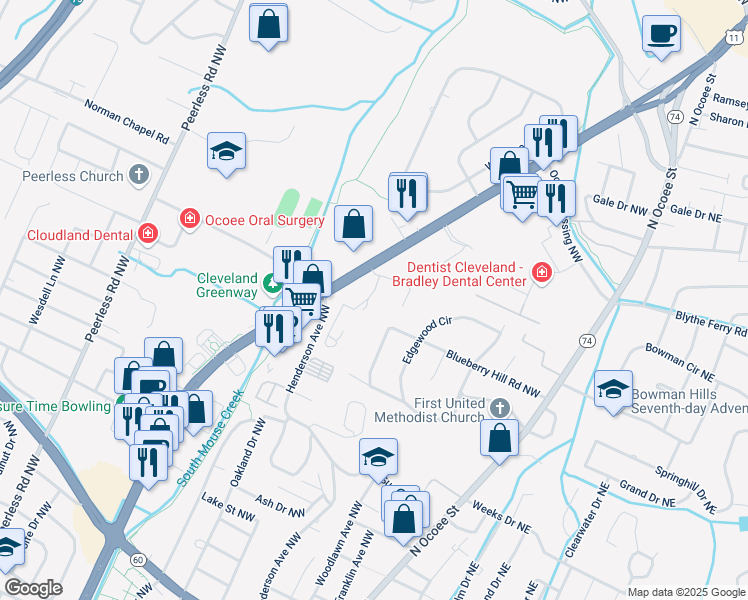 map of restaurants, bars, coffee shops, grocery stores, and more near 3530 Keith Street Northwest in Cleveland